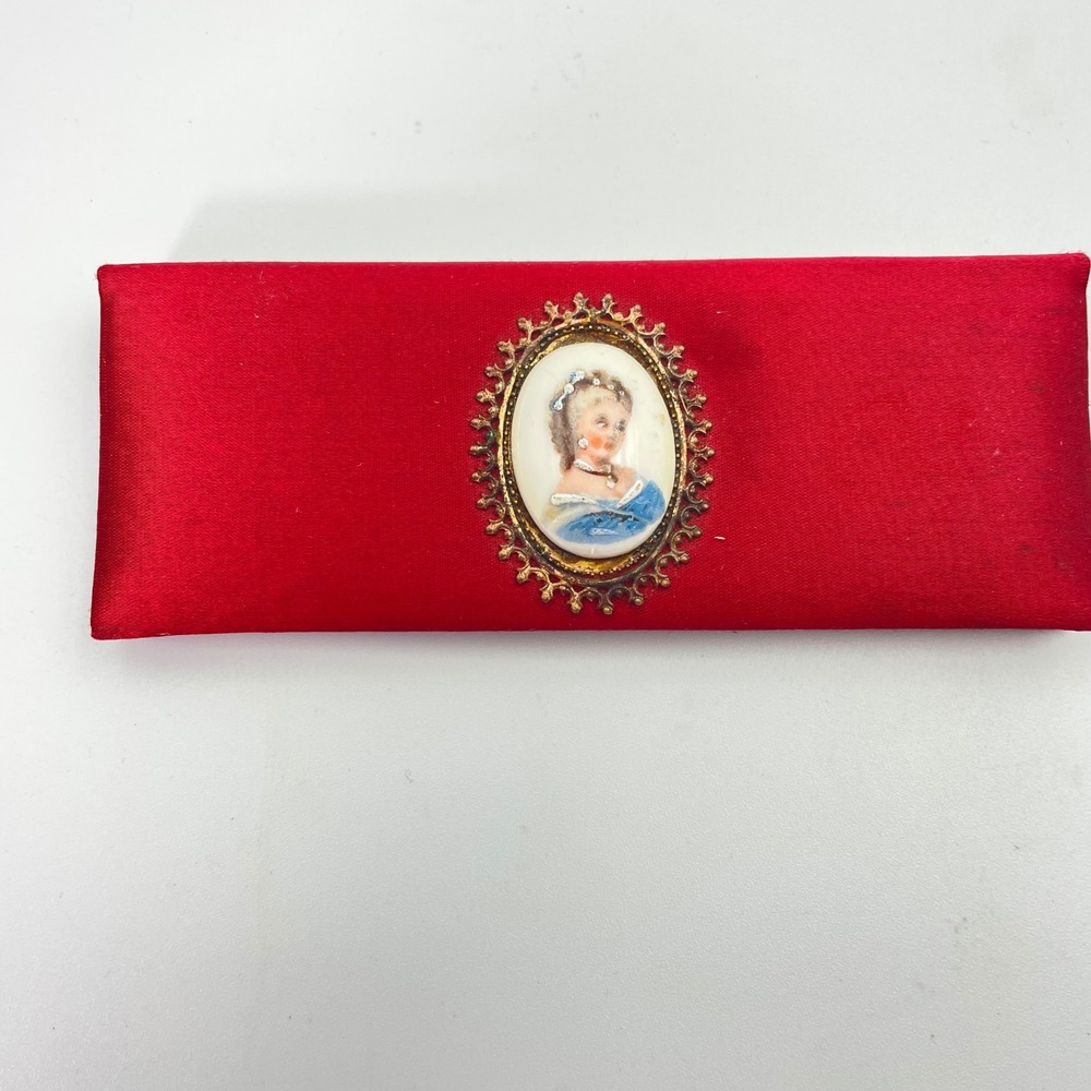 Vintage Saturnia Italy Vanity Comb Mirror Set Red Case Limoges Portraitโ Rare